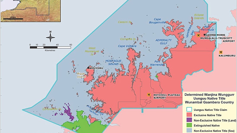 A map of Wunambal Gaambera country in the WA Kimberley showing the Wanjina Wunggurr Uunguu native title determinations.