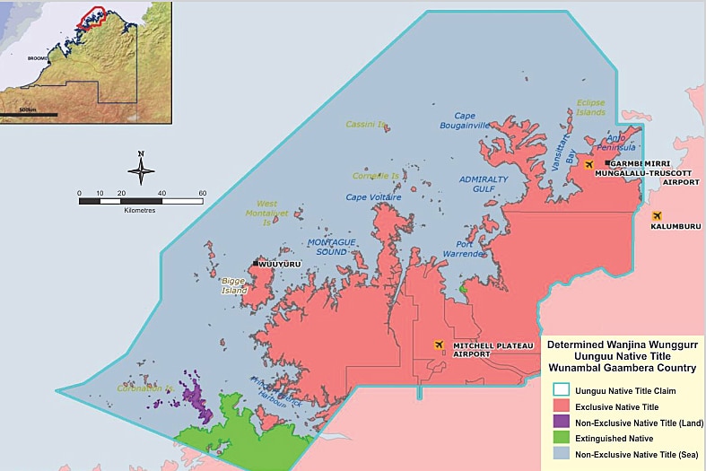 A map of Wunambal Gaambera country in the WA Kimberley showing the Wanjina Wunggurr Uunguu native title determinations.