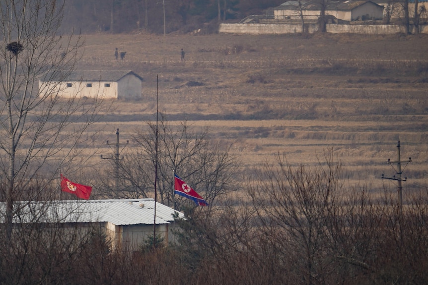 A North Korean flag fluttering in the breeze in front of an empty field 