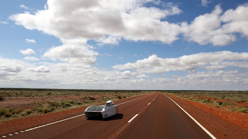 A solar car on the road between Darwin and Adelaide.