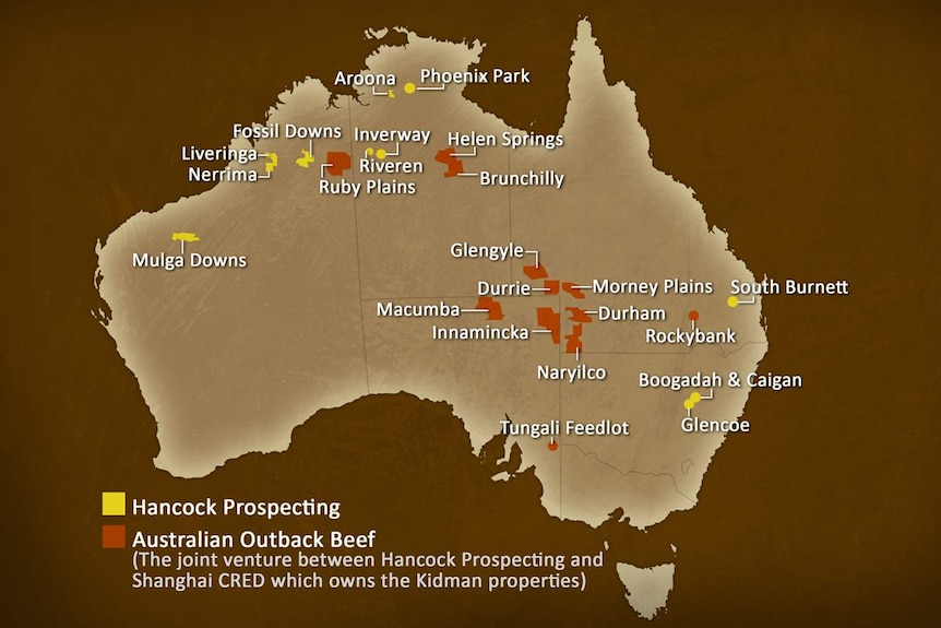 Map showing location of Gina Rinehart's beef cattle properties in Australia