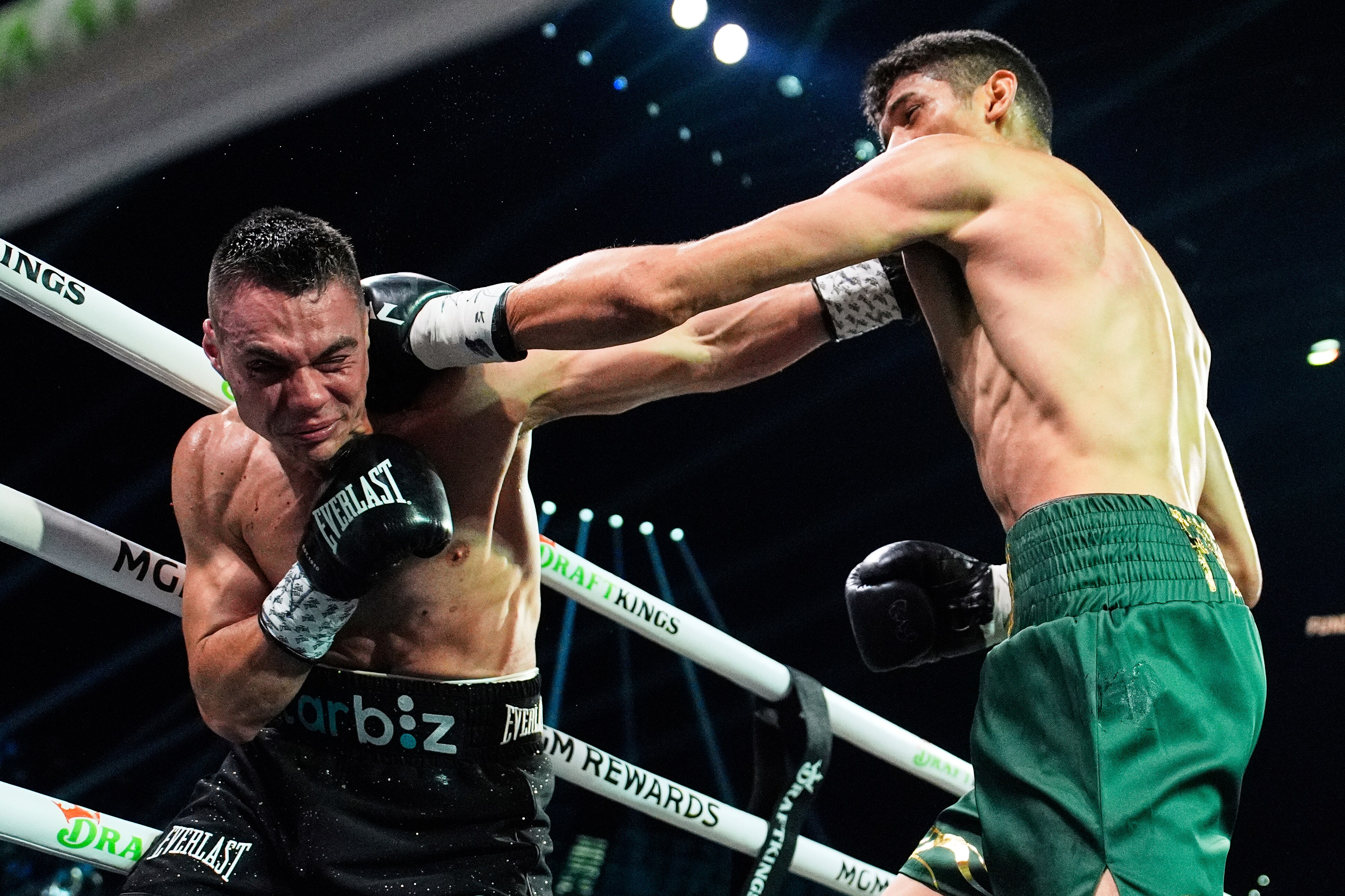 Tim Tszyu attempts to duck a straight left from his boxing opponent