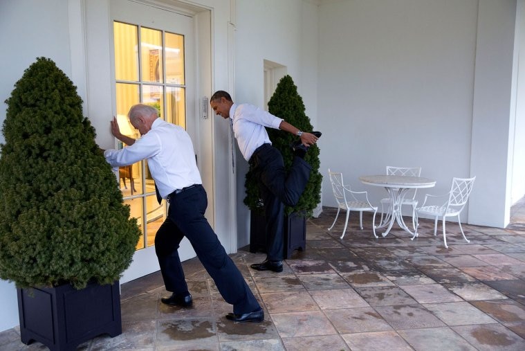 President Barack Obama and Vice President Joe Biden participate in a "Let's Move!" video taping.