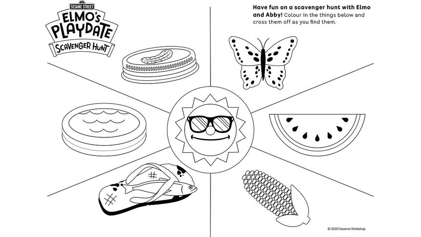 Various objects on the page to be coloured in.