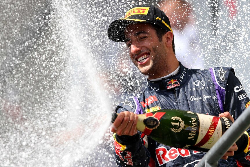 Daniel Ricciardo celebrates his Balgium Grand Prix win