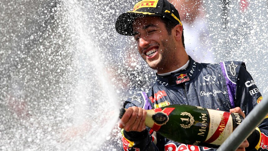 Daniel Ricciardo celebrates his Balgium Grand Prix win