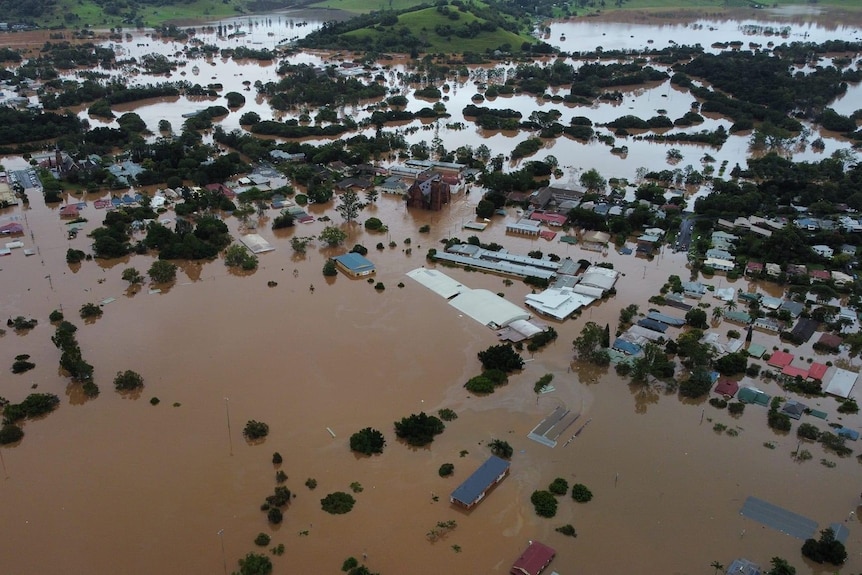 aerial view of flooded town