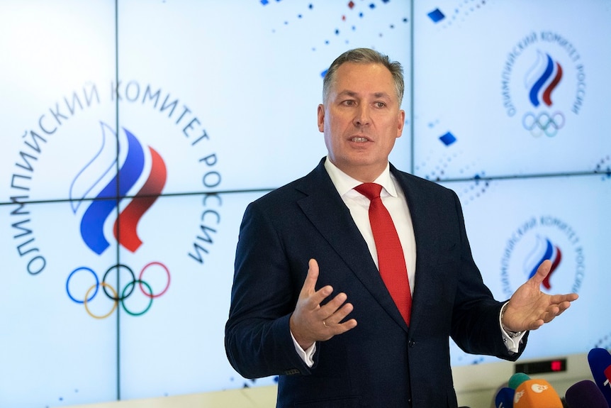 President of the Russian Olympic Committee Stanislav Pozdnyakov gesturing.