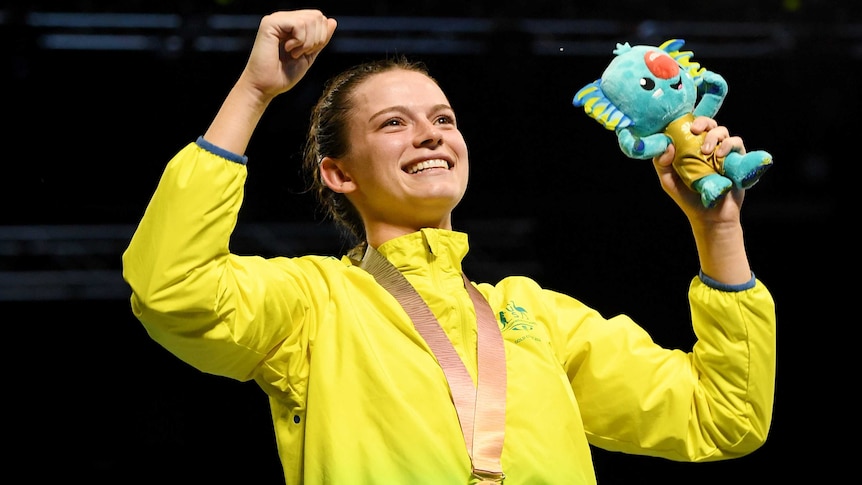 Australian gold medallist Skye Nicolson during the medal ceremony for the Women's 57kg Boxing.