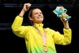 Australian gold medallist Skye Nicolson during the medal ceremony for the Women's 57kg Boxing.