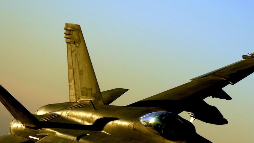 A US Navy F/A-18 Hornet strike fighter aircraft flies during a mission