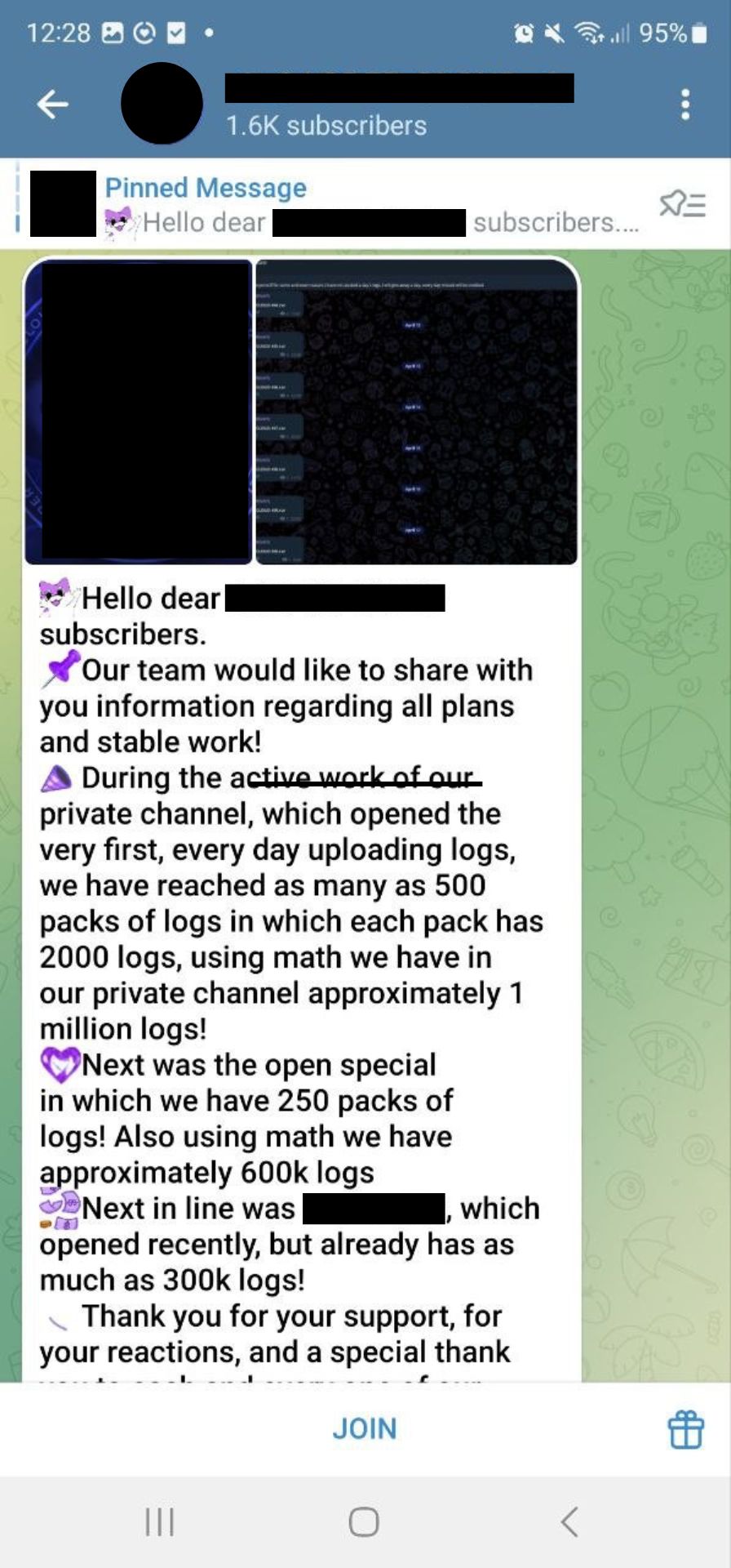A Telegram chat where a channel is advertising "logs" of stolen data.