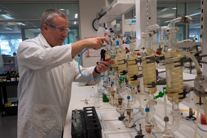 Snr lab tech Bryan Newell checks sulphur levels with aspiration method.