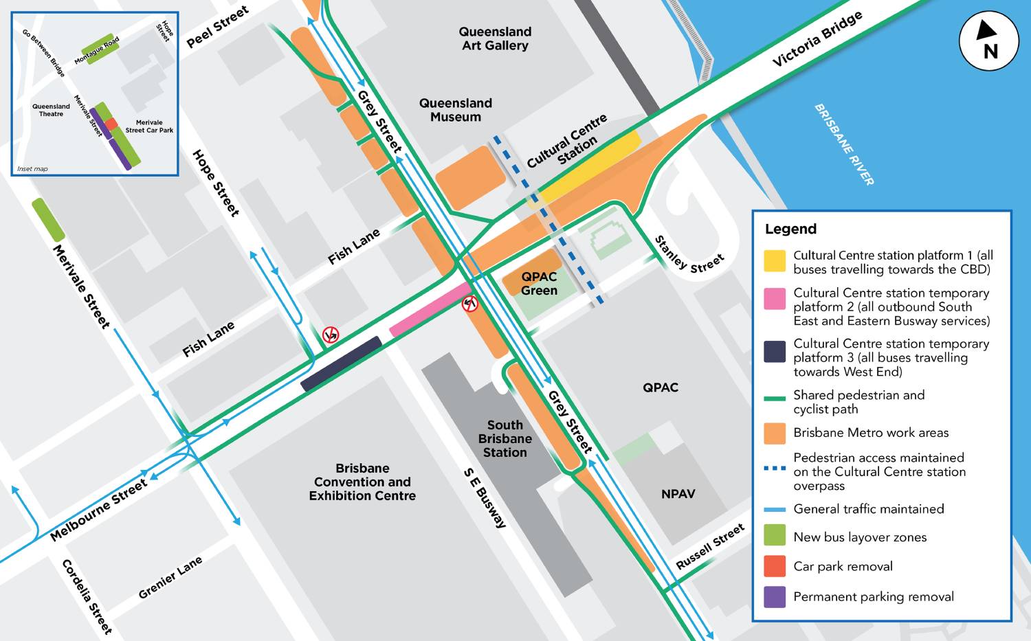Map showing new bus platform locations around South Brisbane