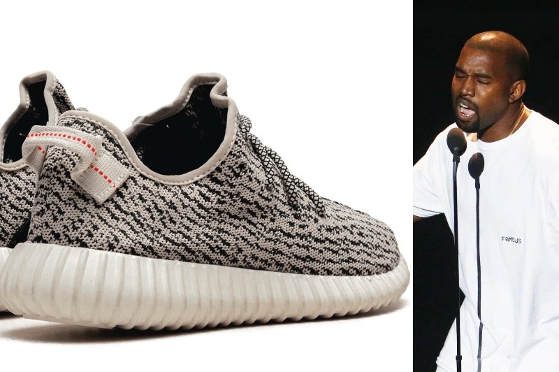 Composite of Kanye West and a Yeezy Boost shoe