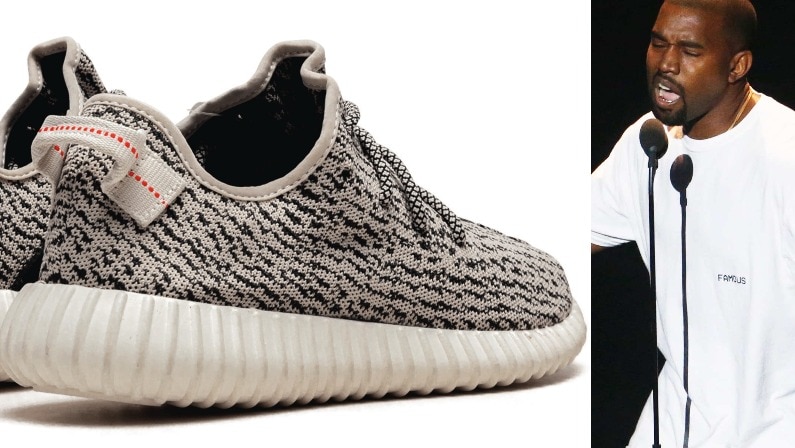 Composite of Kanye West and a Yeezy Boost shoe