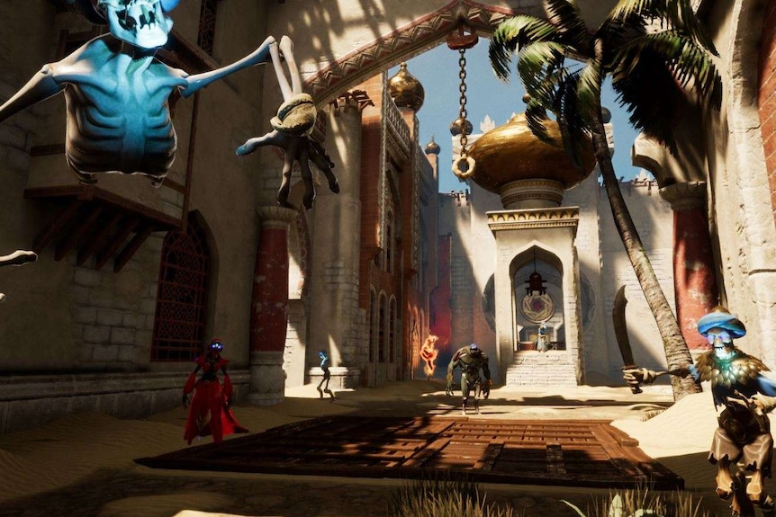 A game screenshot showing supernatural characters in an Arabian Nights-themed city.