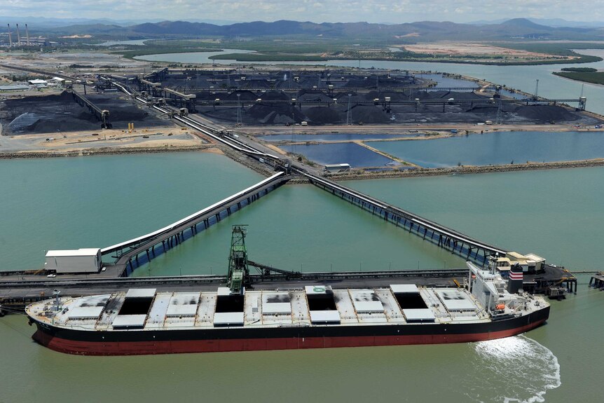 A ship being loaded with coal at the RG Tanner Coal Terminal in Gladstone in central Qld in January