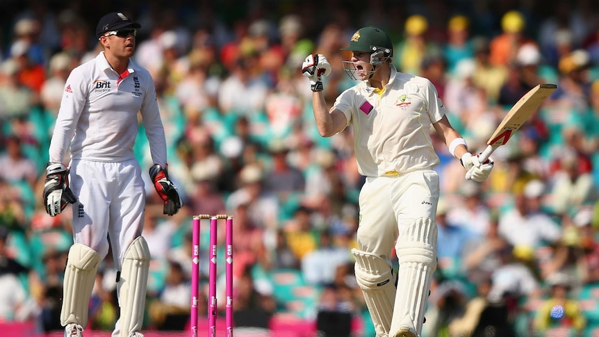 Steve Smith celebrates his century in the fifth Test at the SCG