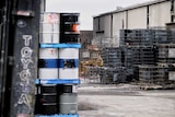 Hazardous drums and storage cages damaged by the fire at the Campbellfield factory site.