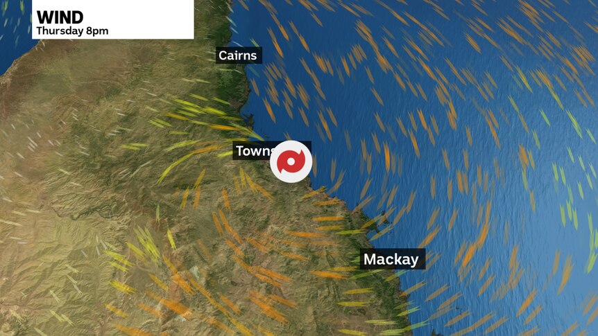 A map of north east Australia in Queensland showing the wind trajectory from the cyclone. 
