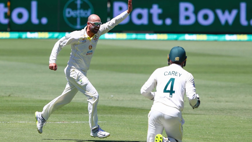Australia's Nathan Lyon, left, celebrates after taking the wicket of England's Ollie Pope during the Ashes at the Gabba.