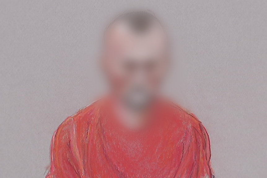 A court sketch of a man wearing an orange shirt with his face blurred.