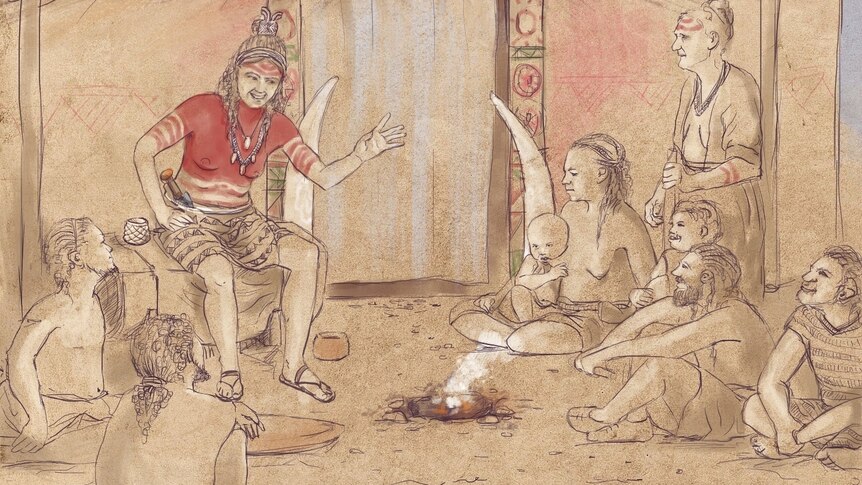 A drawing showing a pre-historic group of men, women and a baby, listening to a woman with red body-paint.