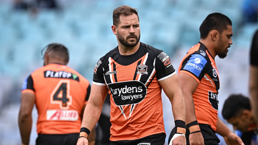 NRL player Aidan Sezer of the Tigers warming up before a game
