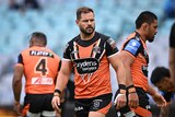 NRL player Aidan Sezer of the Tigers warming up before a game