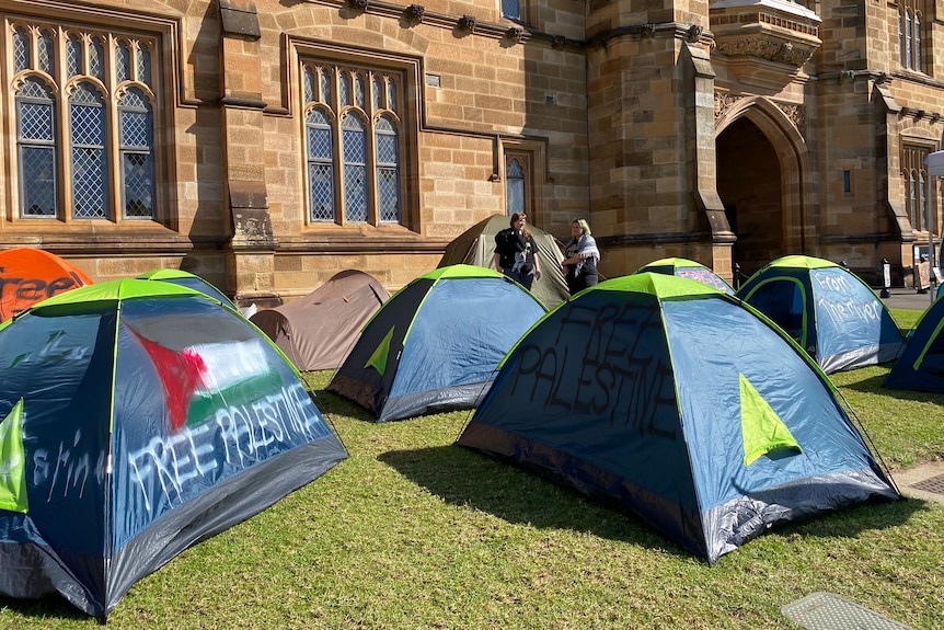A small tent camp on grass in front of a historic building with one tent reading 'Free Palestine' in spray paint