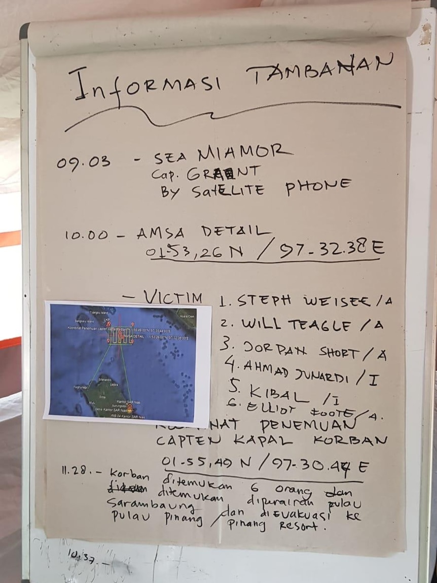 A whiteboard with a printed map stuck to it along with notes including coordinates and a list of names