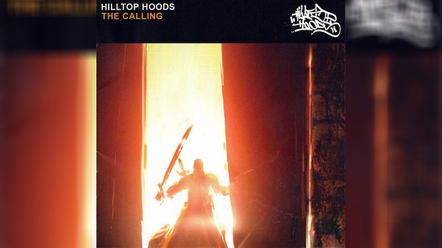 Cover for Hilltop Hoods' 2003 album The Calling: silhouetted figure holding swords enters through a yellow shadowed door