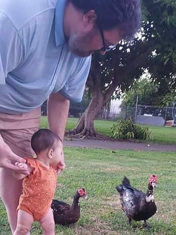 Politician George Christensen helps his daughter walk around a park with geese.