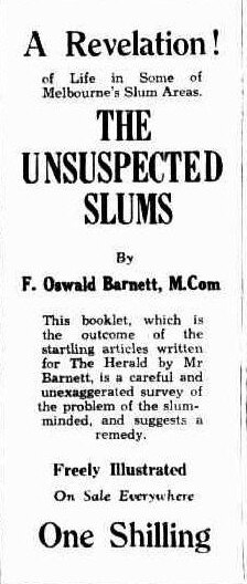 A newspaper advertisement for F. Oswald Barnett's 'The Unsuspected Slums'.