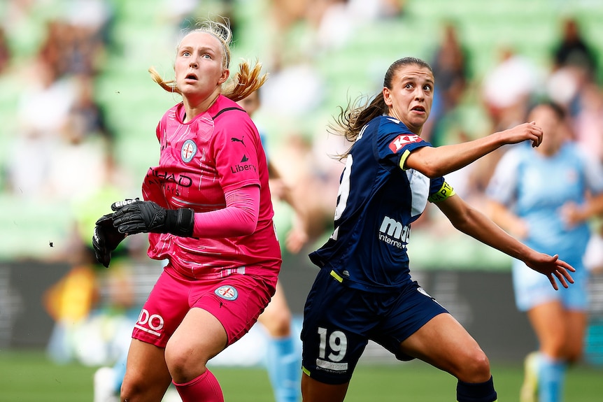 A soccer player in dark blue and a goalkeeper in pink watch the ball in the air