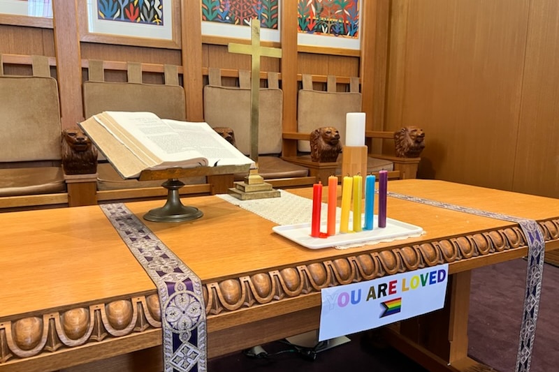 Rainbow candles in the Wesley College chapel