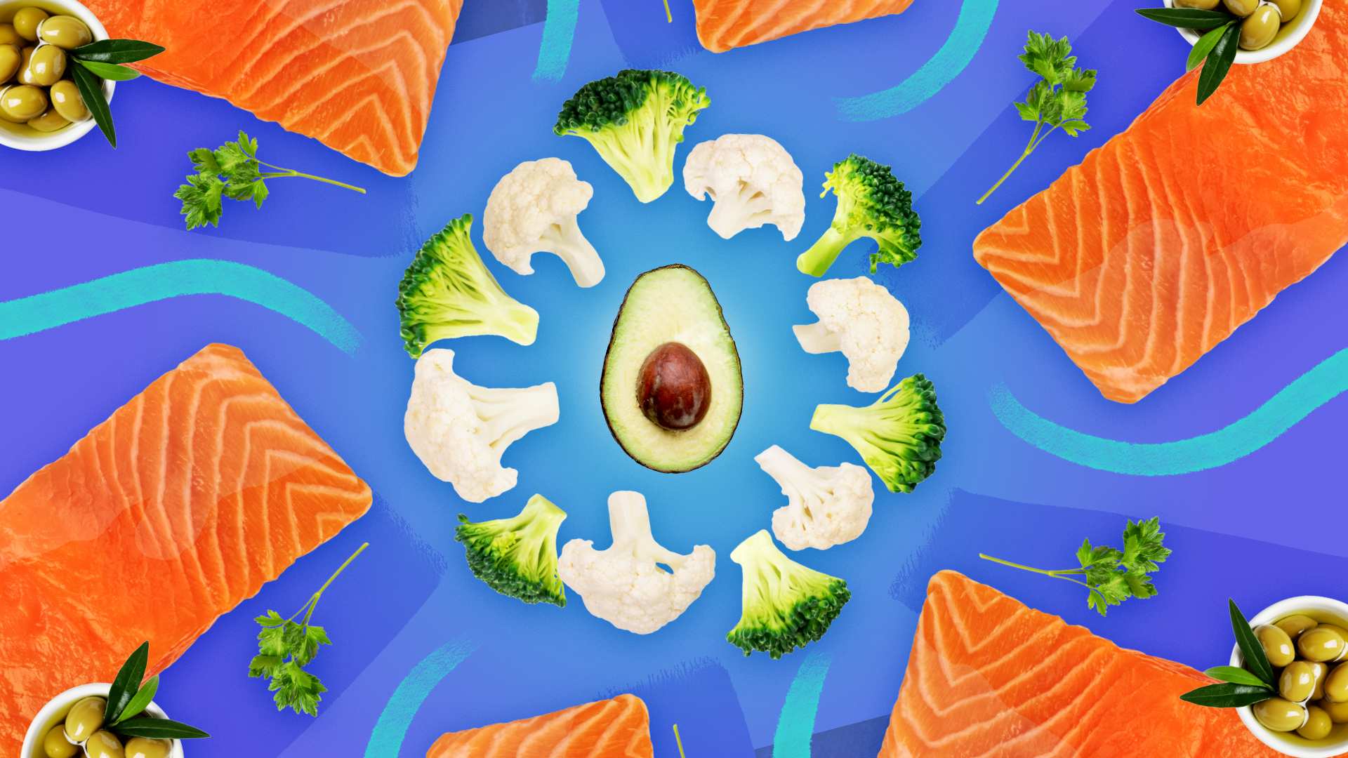 Olives in bowls, salmon fillets, broccoli and cauliflower florets surround a halved avocado, with illustrative swirls.