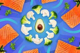 Olives in bowls, salmon fillets, broccoli and cauliflower florets surround a halved avocado, with illustrative swirls.