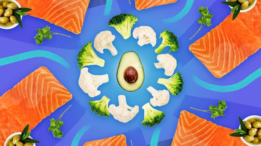 Olives in bowls, salmon fillets, broccoli and cauliflower florets surround a halved avocado, with illustrative swirls.