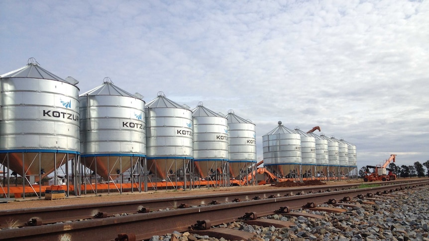 Grain silos stand in front of a railway line
