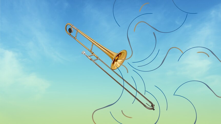 A trombone floating in a blue sky.