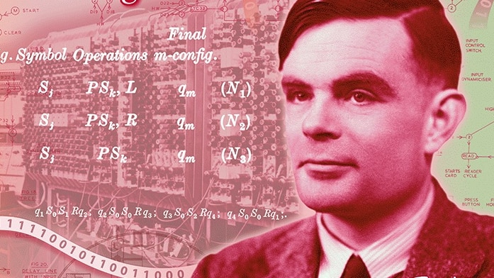 A red 50 pound note featuring a headshot of Alan Turing in a suit and tie with his machine in the background.