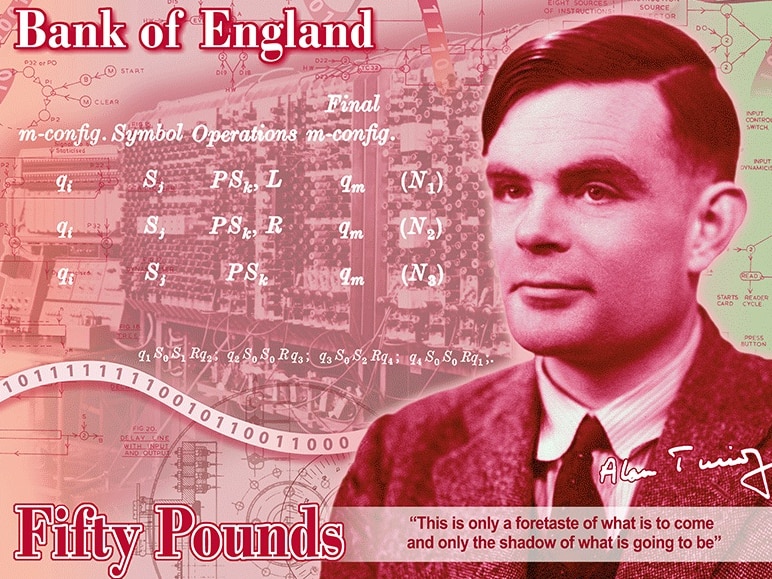 A red 50 pound note featuring a headshot of Alan Turing in a suit and tie with his machine in the background.