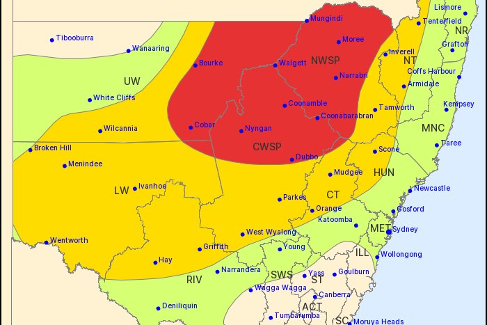 A map with different coloured areas representing where weather will be worst