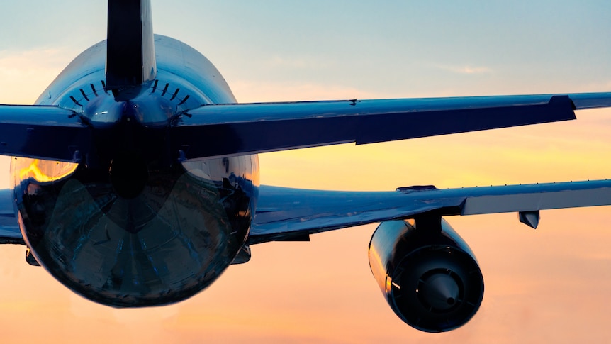 plane flying into a sunset