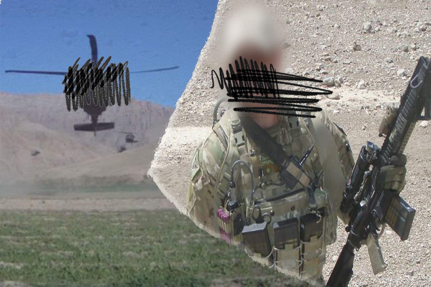 Composite of a soldier and a Black Hawk helicopter.