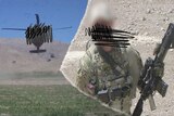 Composite of a soldier and a Black Hawk helicopter.