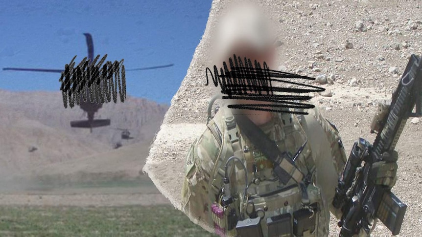 Composite of a soldier and a Black Hawk helicopter.