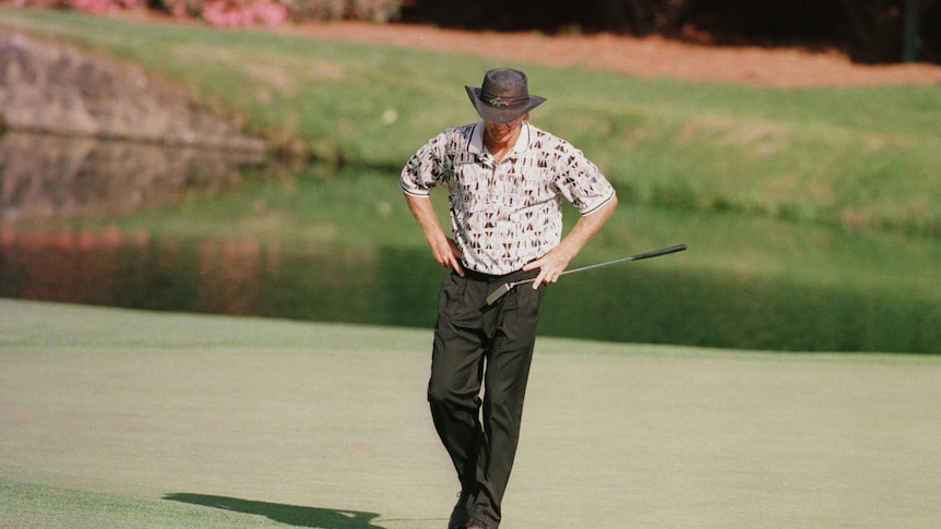 Australia's Greg Norman looks down after missing a putt in the final round of the 1996 US Masters.